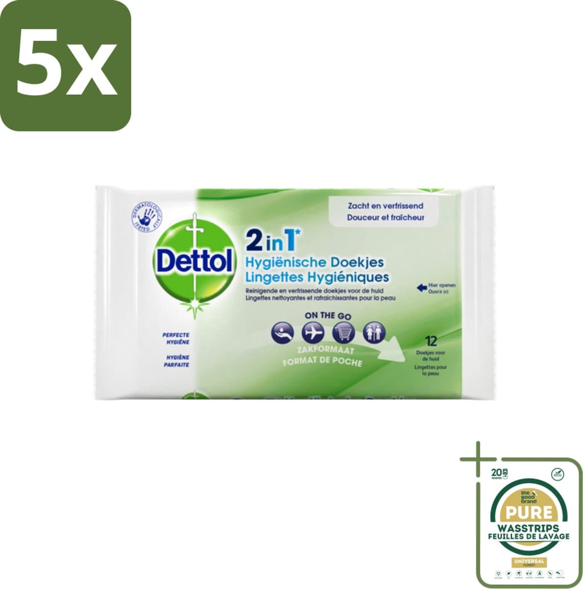 5 x Dettol - Reinigingsdoekjes - 2-in-1 Reiniging & Desinfectie - On the Go - 12 Doekjes - Grootverpakking - Reinigingsdoekjes - Hygiëne - Desinfectie - Bacteriënbestrijding - Huidbescherming