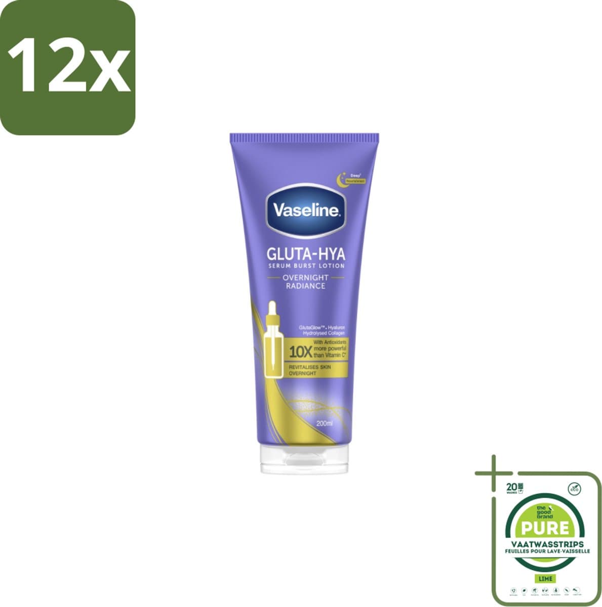 Vaseline – Gluta-Hya Serum – Overnight Radiance – 200 ml - Voordeelverpakking - 12 stuks - Nachtelijke huidverzorging - Stralende huid