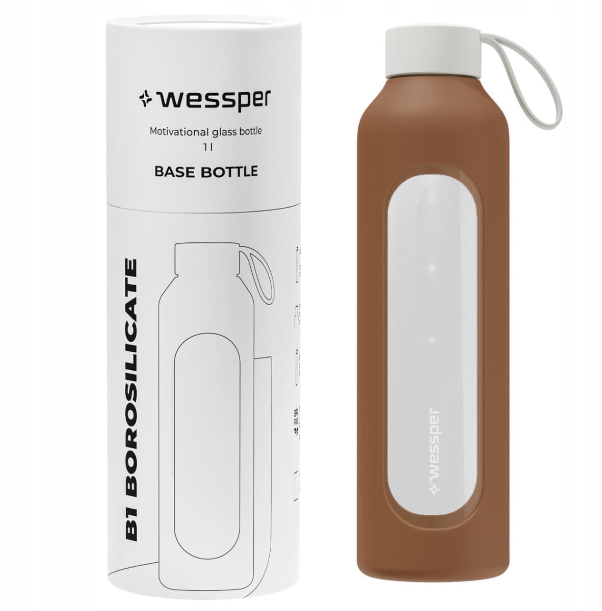 Glazen Motivatiefles 1000ml – Duurzame Waterfles in MOKKA