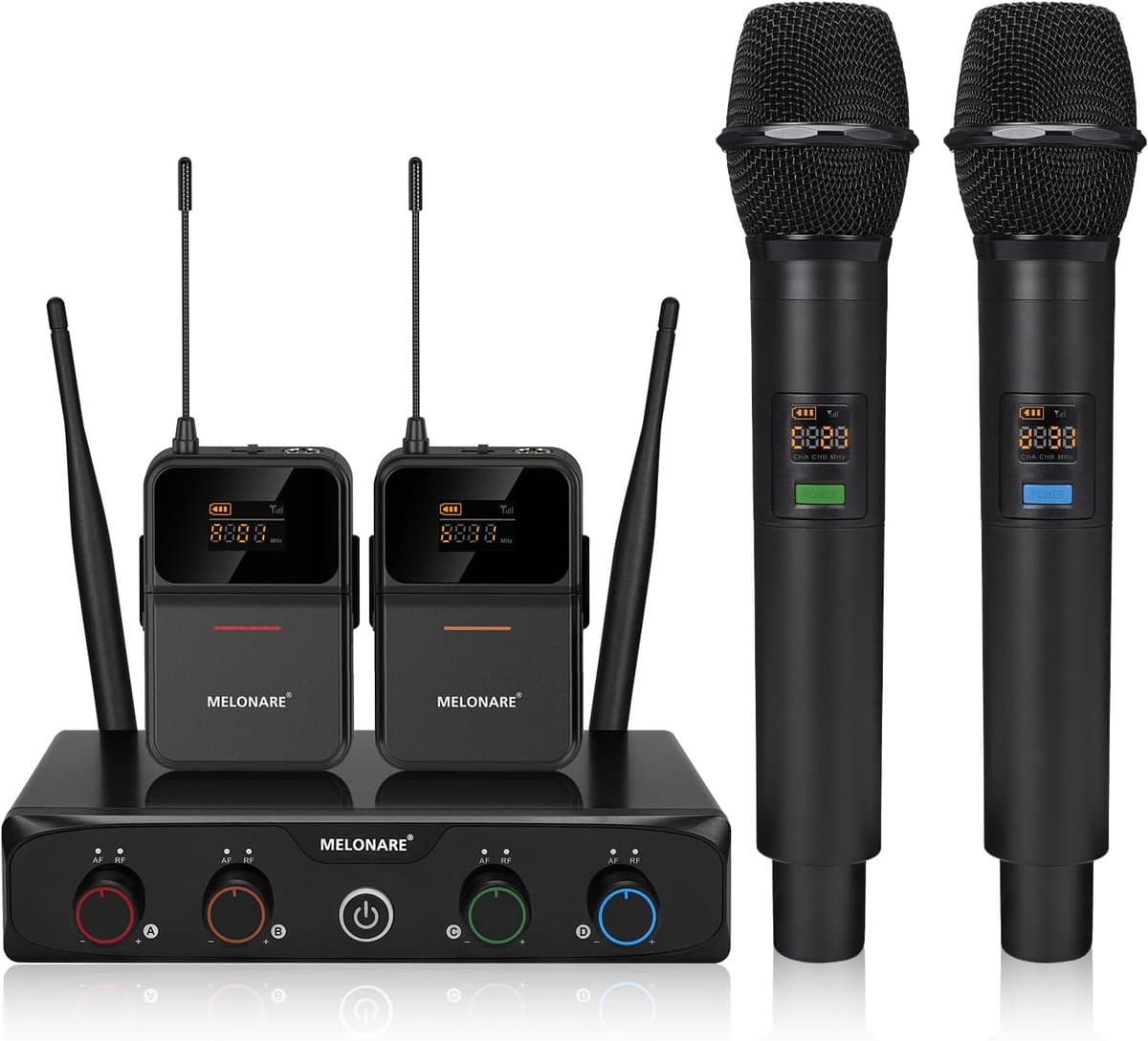 Draadloos UHF-microfoonsysteem 4 x 10 frequenties 200 voet bereik 2 handmicrofoons 2 bodypacks koptelefoon lapel zang karaoke DJ