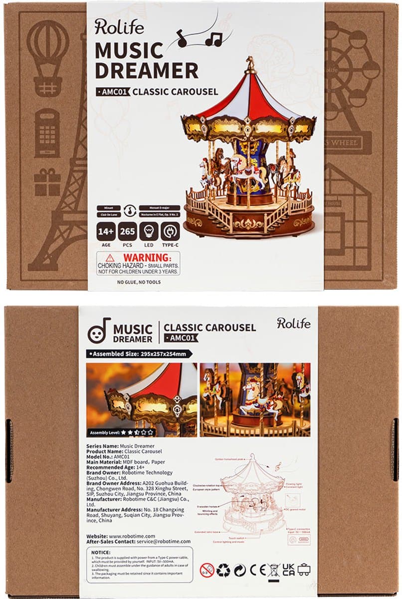 Robotime Rolife Classic Carousel - AMC01 - Houten puzzel - Volwassenen - 3D puzzel - DIY - Miniatuur - Modelbouw - Muziekdoos