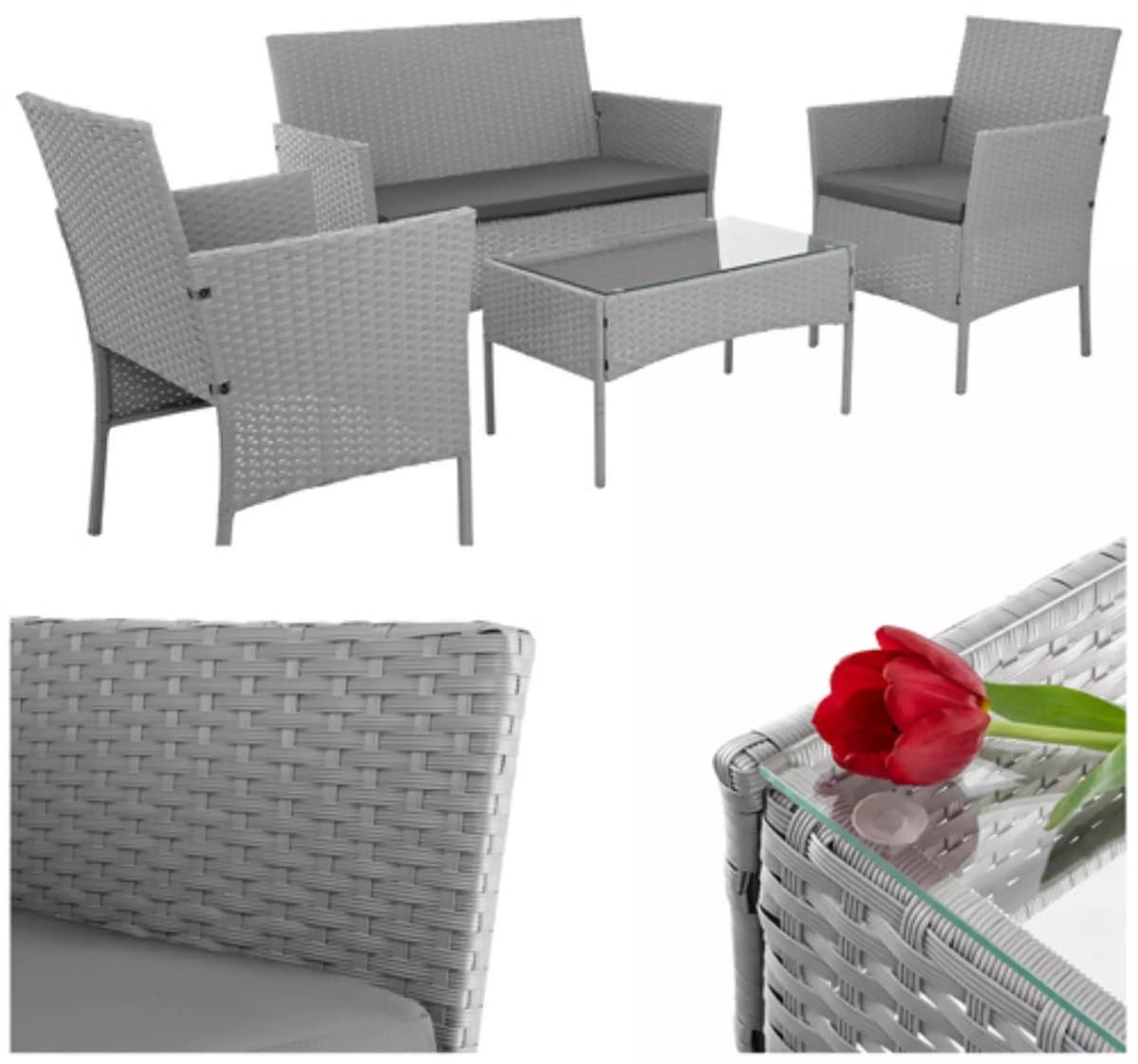 Gardlov Donkergrijze loungeset voor tuin, balkon of terras met glazen tafelblad en comfortabele zitkussens