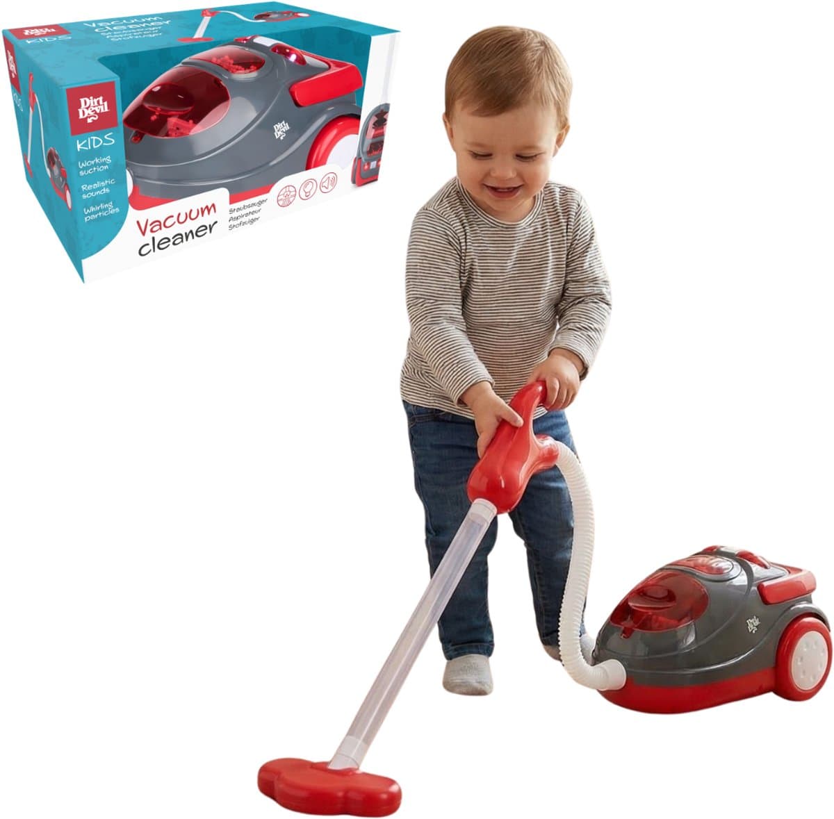 Dirt Devil Speelgoed Stofzuiger met Slang - met Geluidseffecten en Wervelende Deeltjes - Draadloos Schoonmaak Speelgoed Jongens en Meisjes vanaf 3 Jaar - 88 x 15 x 12.5 cm - Rood/Grijs