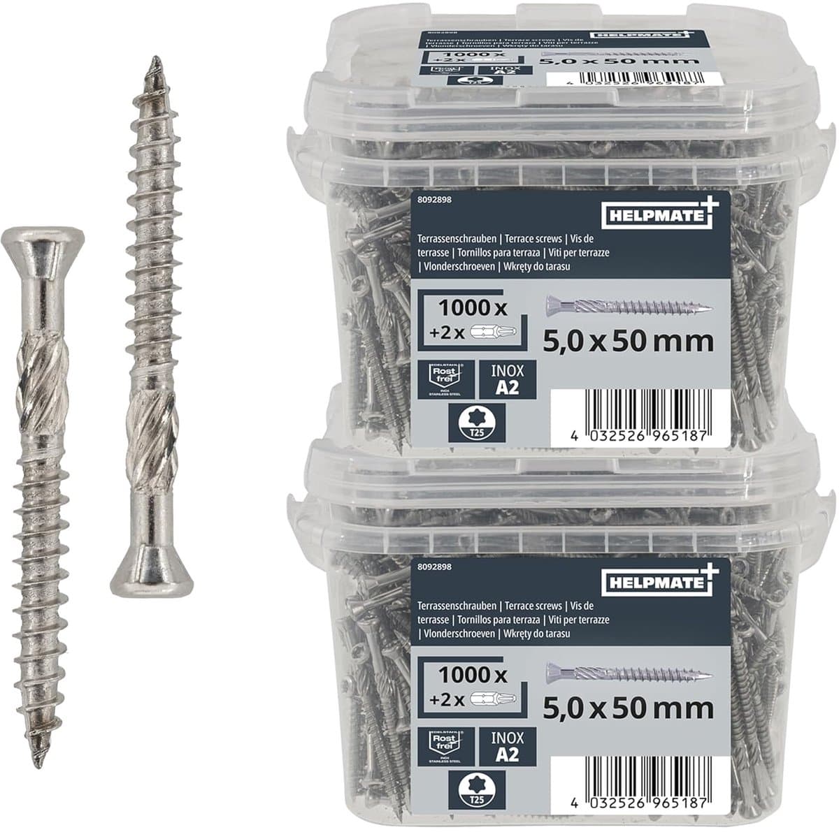 HELPMATE – Terrasschroeven 5x50 roestvrij staal A2 – 2000 stuks plankenschroeven + 2 T25-bits – Terrasschroeven voor buitengebruik (terrasbouw, tuinhuisjes, houtconstructies enz.)