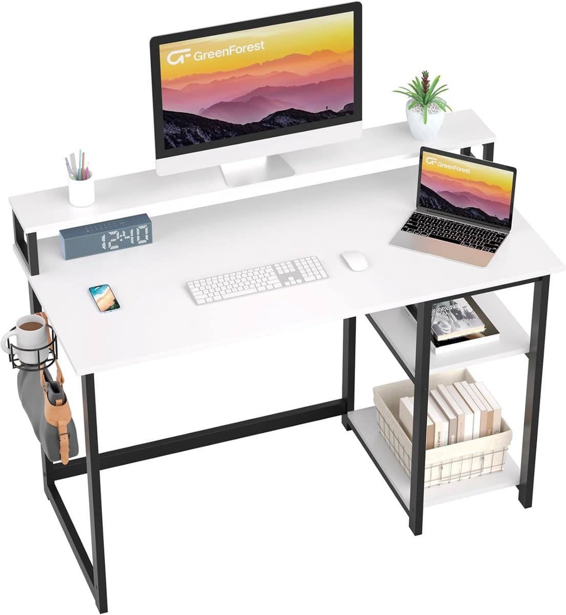 Computer Bureau met Volledig Beeldscherm en Opbergplanken - Wit 100cm