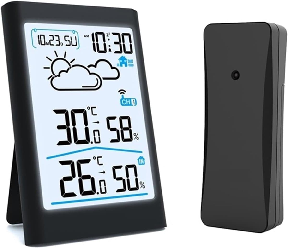 Digitaal Weerstation - Binnen Buiten Monitor - Weersvoorspelling Thuis - Draadloze Sensor - Compact Ontwerp - Wit