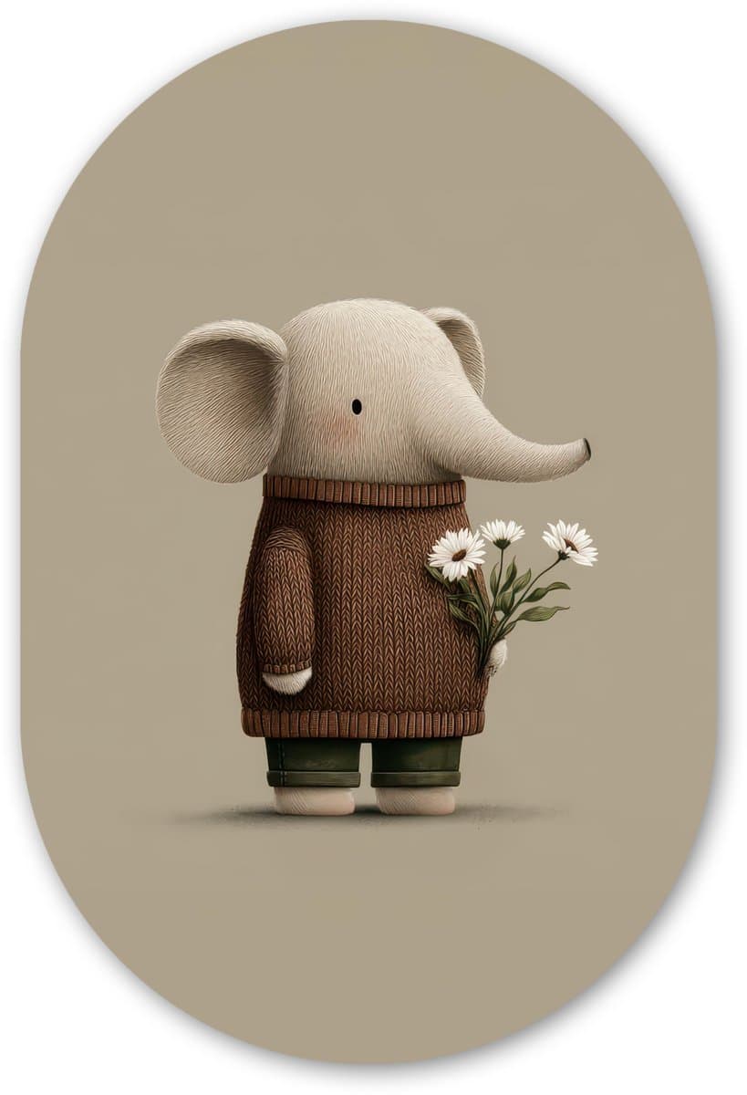 Muurovaal 60x90 cm - Ovale wanddecoratie Olifant - Witte bloemen - Kindvriendelijk - Ovalen schilderij - Muurdecoratie woonkamer - Kamer decoratie - Schilderijen - Wandcirkel