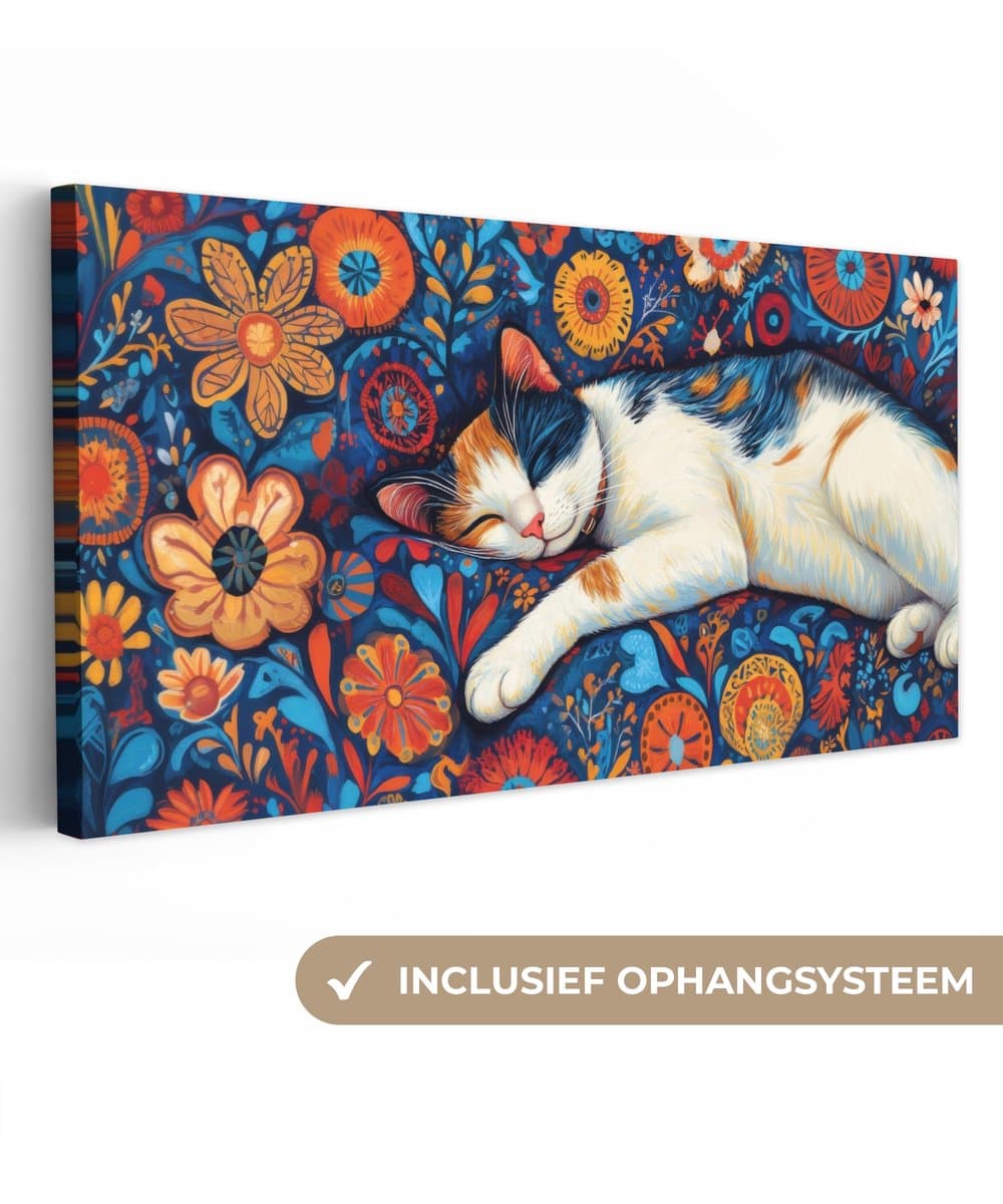 Canvas schilderij 40x20 cm - Exclusieve wanddecoratie Kat - Bloemenpatroon - Blauw - Oranje - Muurdecoratie woonkamer - Slaapkamer decoratie - Kamer accessoires - Schilderijen op canvas