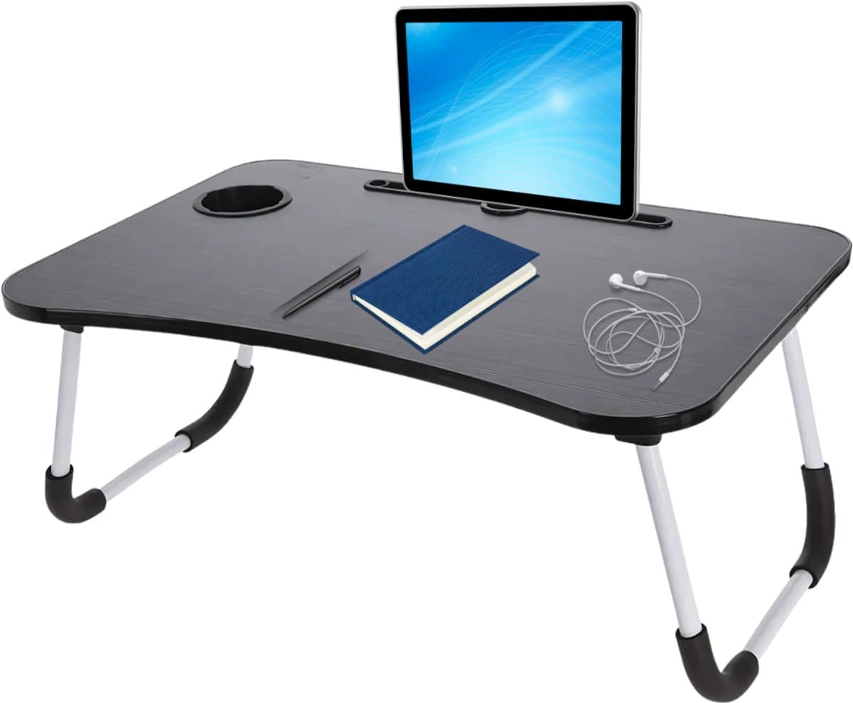Lomera Opklapbare Laptoptafel - Bedtafel - Tafel met Tablethouder - Bekerhouder - Opberglaatje - Anti-Slip Poten - MDF Tafelblad - Metalen Frame - 60x40 CM - Zwart Tafelblad - Werken in Bed - Ontbijttafel - Compacte Afmetingen