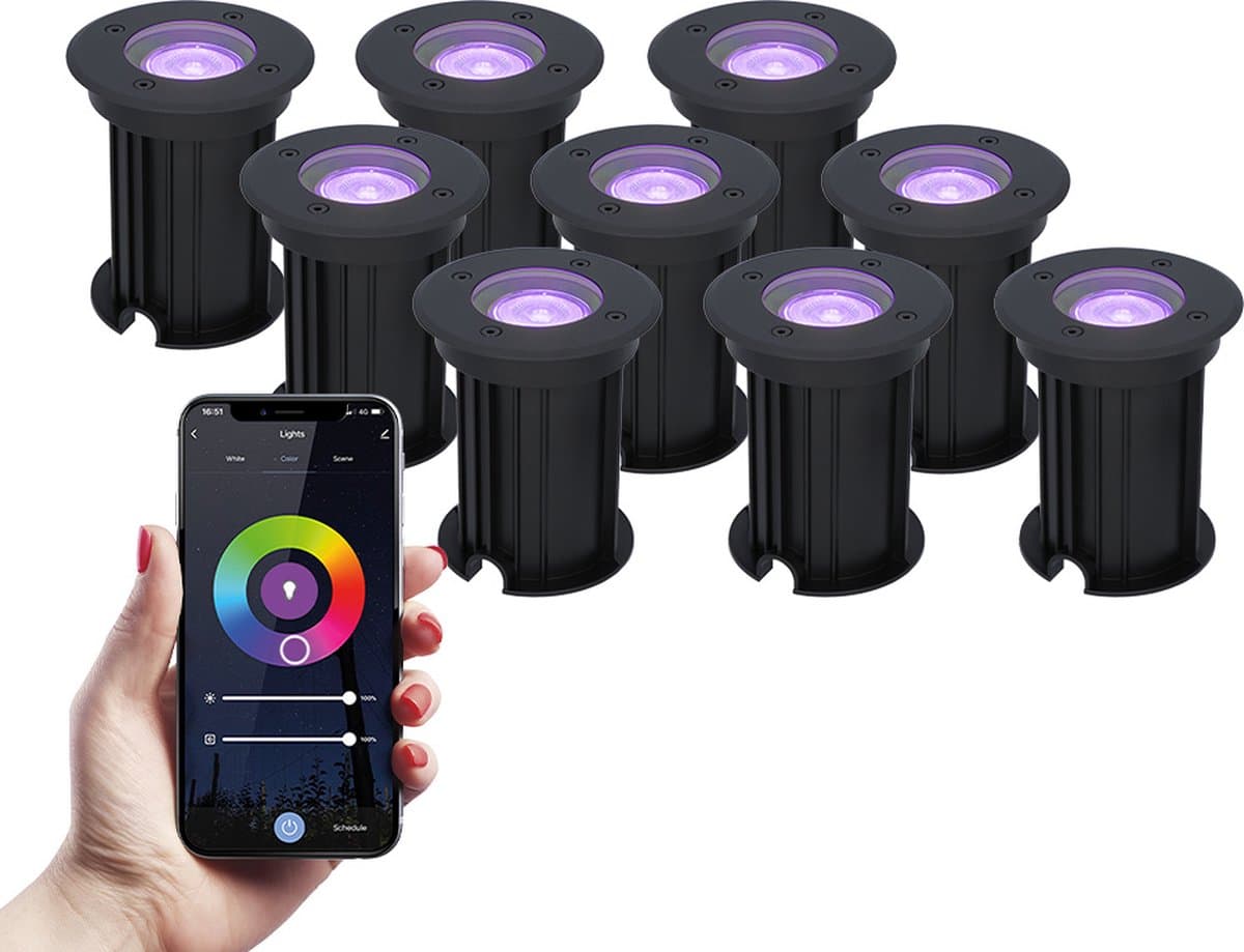 HOFTRONIC - Set van 9 Maisy Smart LED Grondspot Zwart - RGBWW 16,5 Miljoen kleuren - WiFi + Bluetooth - Bedienbaar via stem - 5.5 Watt 450 Lumen - IP67 Waterdicht - 3 jaar garantie - Inbouwdiepte: 140mm, Inbouwdiameter: 103mm