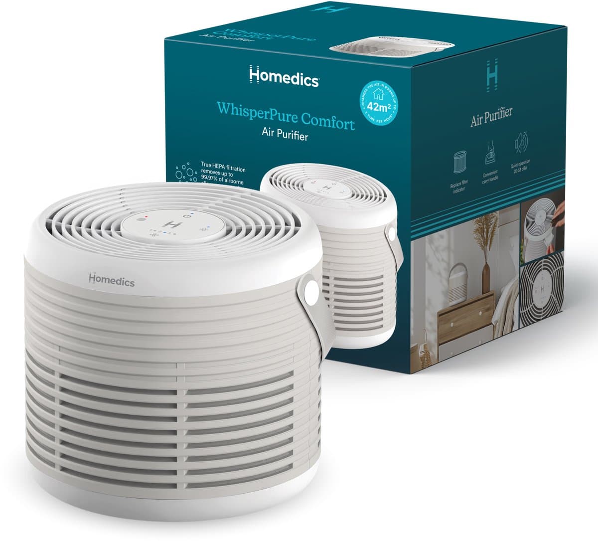Homedics WhisperPure Luchtreiniger - Hepa en Koolstof Filter - Ruimtes tot 42m² - Met Geurtray - 3 Ventilatiestanden - Air Purifier - Wit