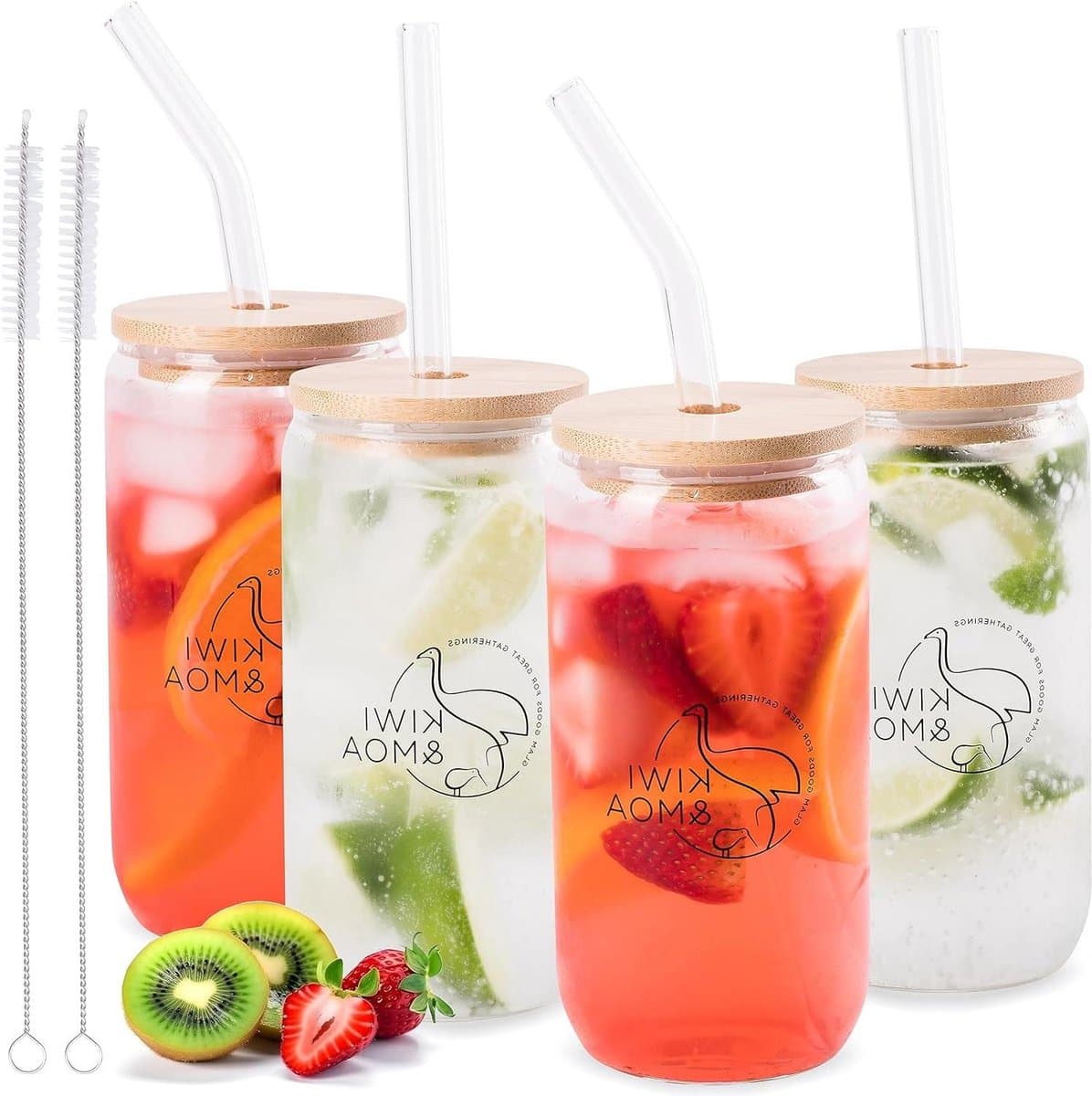 Drinkglazen Set - Glazen met rietjes - Cocktails en Koffie - Inclusief Bamboe Deksel - 4 stuks 500 ml - Transparant