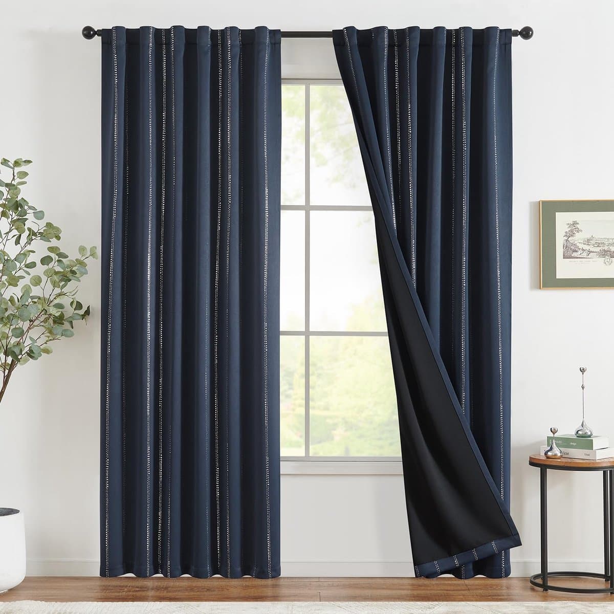Boho Verduisteringsgordijnen, zilveren stippen, foliedruk gordijnen met lussen, verduisterend achtergordijn, thermogordijn voor kinderkamer, raamgordijnen, set van 2, 132 x 210 cm, blauw