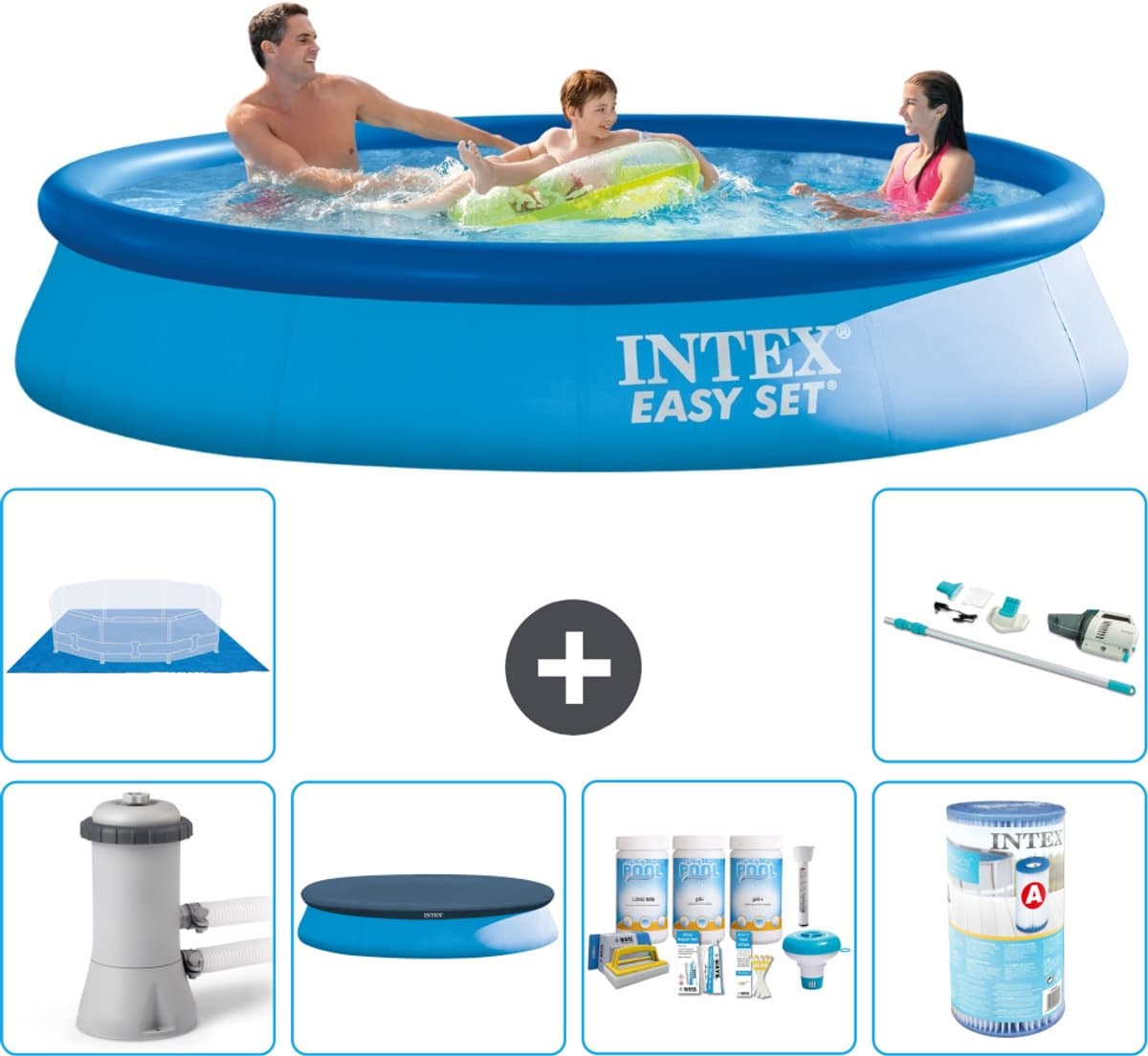 Intex Rond Opblaasbaar Easy Set Zwembad - 366 x 76 cm - Blauw - Inclusief Pomp - Afdekzeil - Onderhoudspakket - Filter - Grondzeil - Stofzuiger - 7-delig