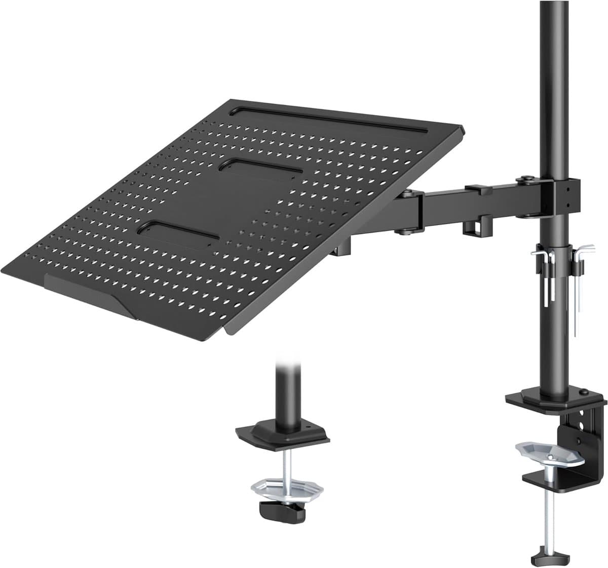 Volledig verstelbare monitorarm met geventileerde laptoplade voor 13-32 inch LCD-LED-schermen - notebooks tot 16 inch - 2 montageopties - kantelen, zwenken, roteren