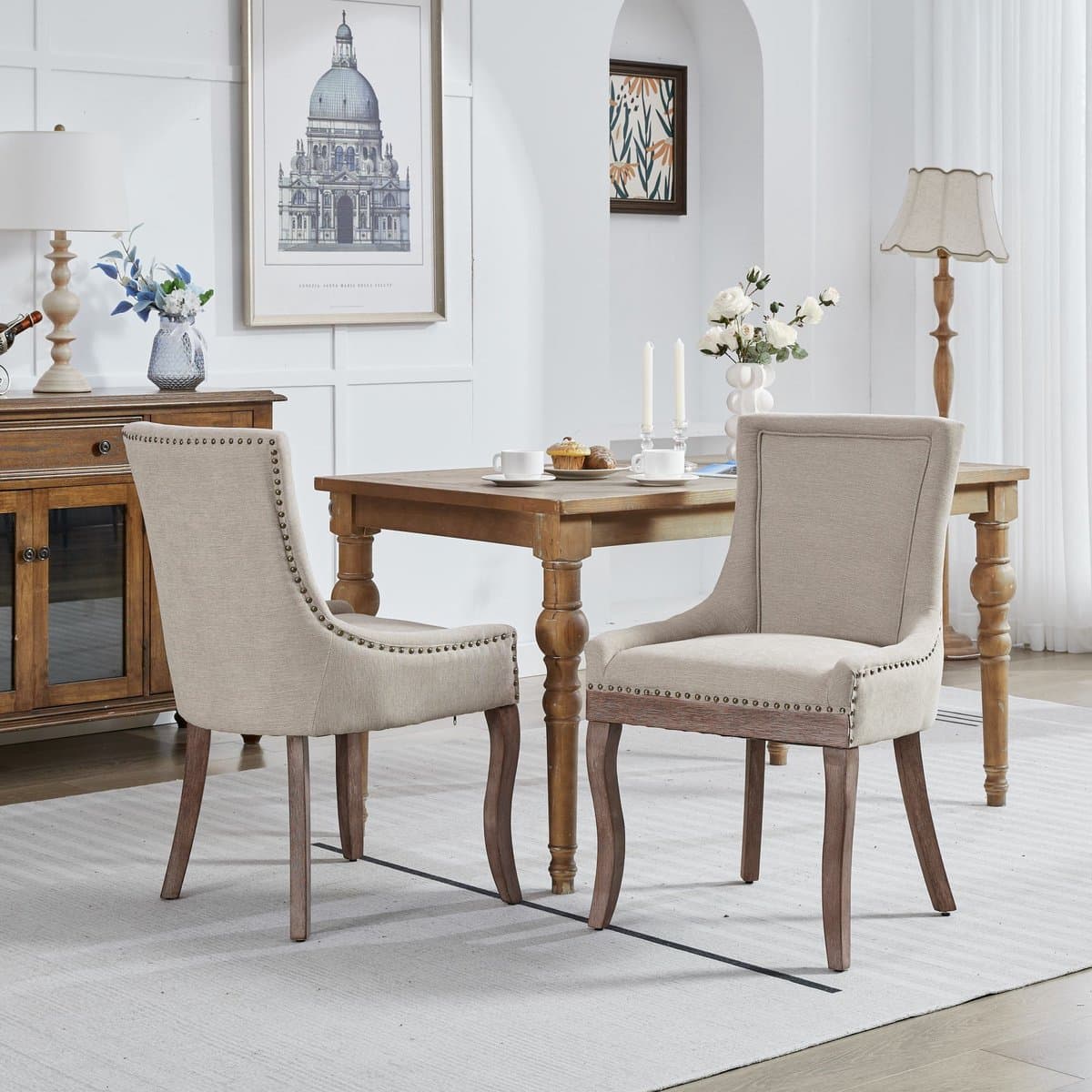 MEUNIQ Beige eetkamerstoel set van 2 met hoge rugleuning, armleuningen en houten poten, zachte stoffering voor eetkamer en woonkamer