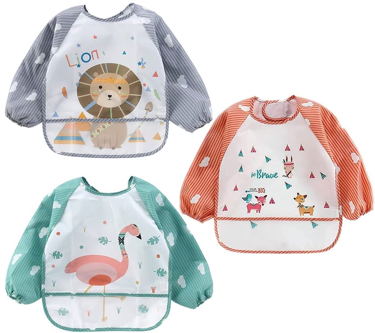 Allecta - Waterdichte slabbetjes met lange mouwen voor baby's, voedingsschort voor kinderen, set van 3.