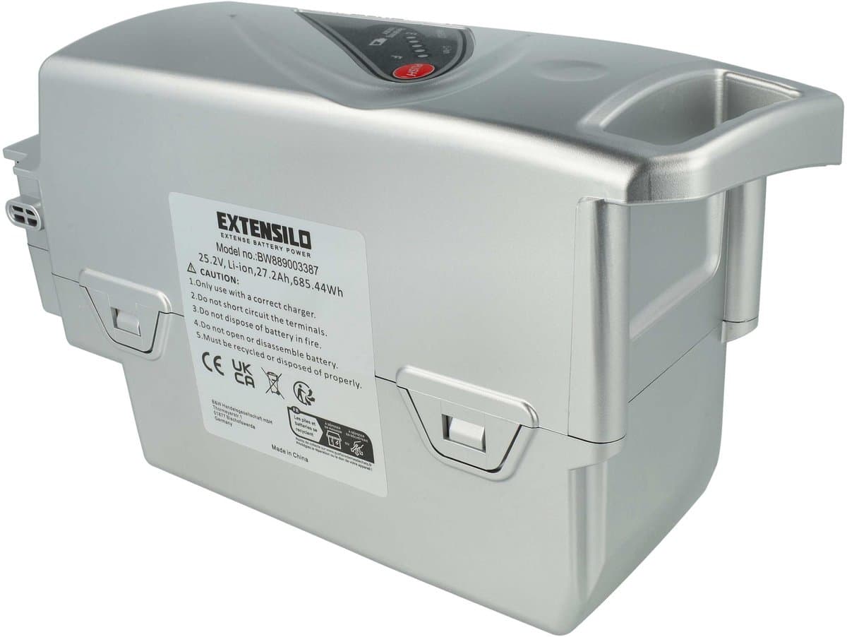 EXTENSILO-vervangingsaccu voor Panasonic NKY 304B2, NKY 306B2, NKY 303B2, NKY 314B2, NKY 311B2, NKY 312B2 voor e-bikes (27,2 Ah, 26 V, Li-ion) - zilver