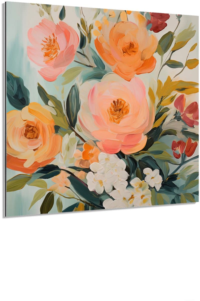 Pastel bloemenpracht canvas - Schilderij 90x90 cm - Wanddecoratie op Aluminium Dibond - Aluminium Wandpaneel