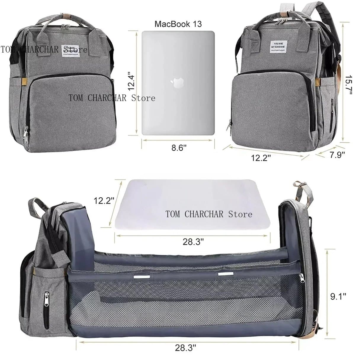 Velmio Luiertas - Mama Tas - Draagbare Opvouwbare Wieg Bed - Reis Zwangerschapstas - Baby Rugzak - Uitklapbare Aankleedtafel - 40x30x20cm - Grijs