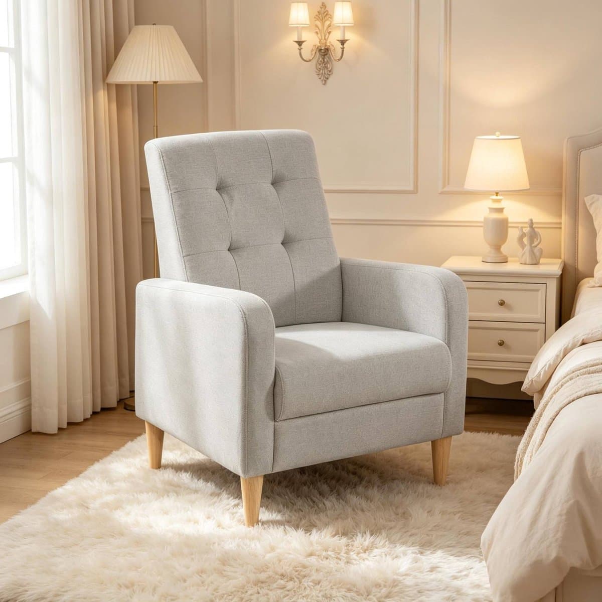 FloraGrace Fauteuil 1-Zits 61 Cm - Met Hoge Rugleuning, Armleuningen En Gecapitonneerde Zitting - Voor Woonkamer En Slaapkamer - Linnen En Hout - Lichtgrijs