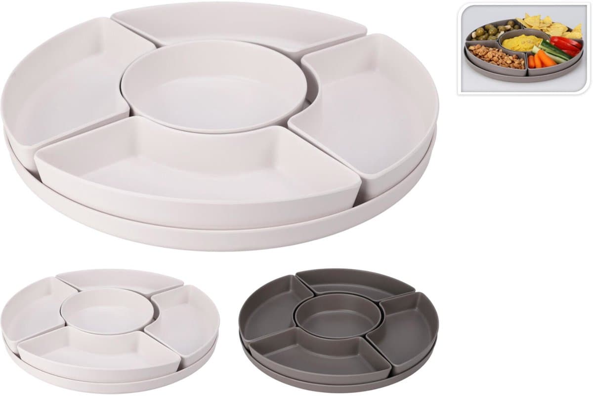 Serveerschaal melamine kleurrijk speelgoed serveerbord met uitneembare schaaltjes.
