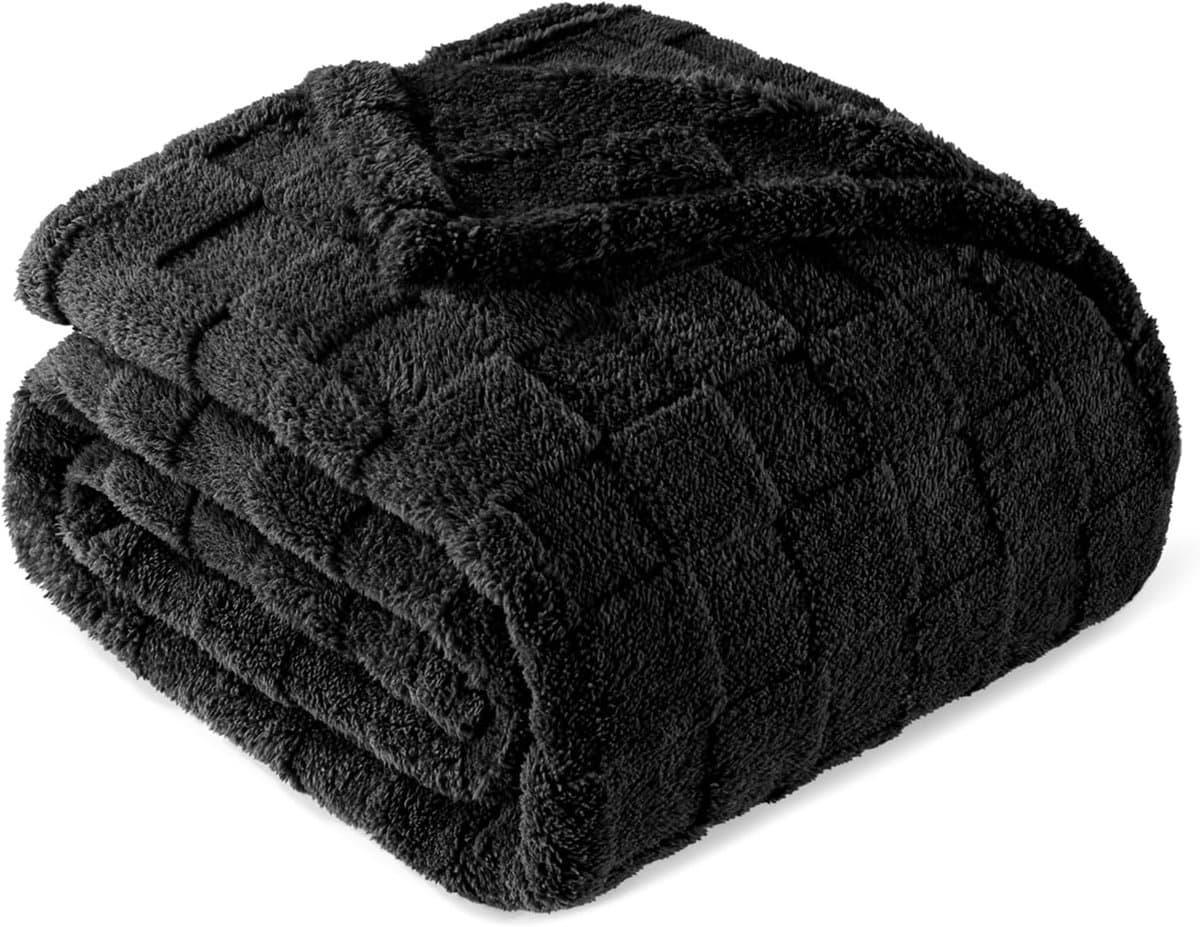Mezcla kingsize flanellen fleece deken, super zachte en warme lichtgewicht geruite patroon dekens voor alle seizoenen, 229 x 264 cm, zwart