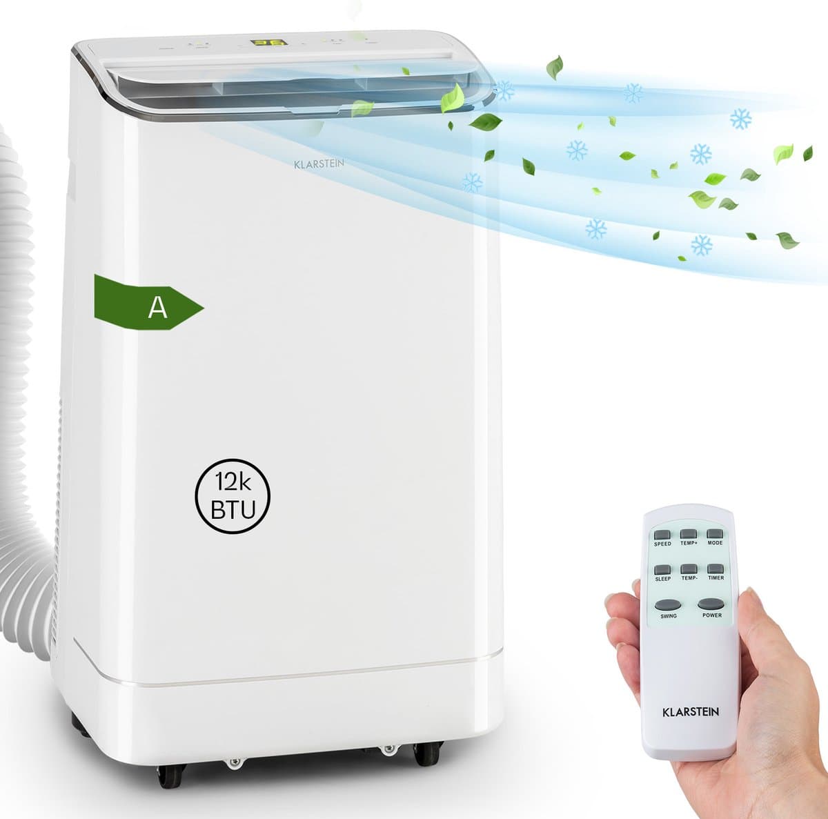 Klarstein Mobiele airconditioner met luchtafvoerslang, 4-in-1 airconditioner met ventilator, luchtontvochtiger & nachtmodus, Kleine & draagbare airconditioner voor thuis & op kantoor, 12000 BTU Laag verbruik,5 kW voor 56 m² - Afstandsbediening