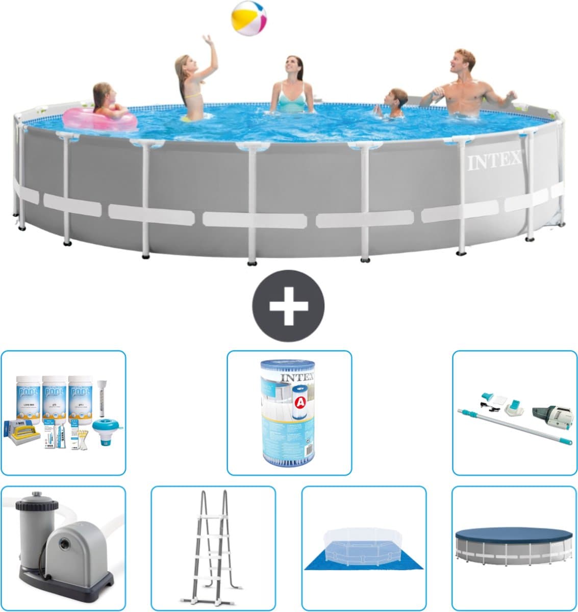 Intex Rond Prism Frame Zwembad - 548 x 122 cm - Grijs - Inclusief Pomp - Ladder - Grondzeil - Afdekzeil Onderhoudspakket - Filter - Stofzuiger