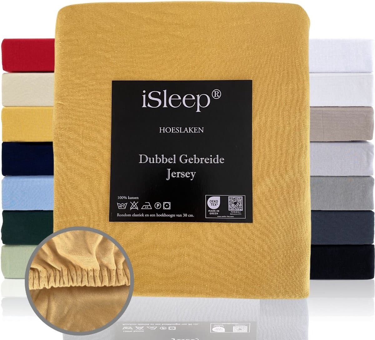 iSleep Dubbel Gebreide Jersey Hoeslaken - Hoge Hoek - Rondom Elastiek - Litsjumeaux XL - 190x210/220 cm - Oker Geel