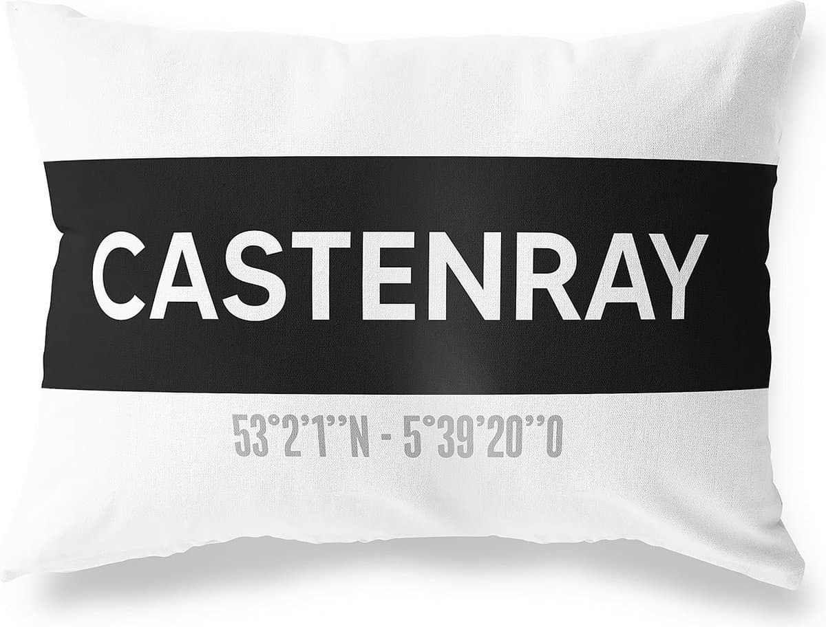 Tuinkussen CASTENRAY - LIMBURG met coördinaten - Buitenkussen - Bootkussen - Weerbestendig - Jouw Plaats - Studio216 - Modern - Zwart-Wit - 50x30cm