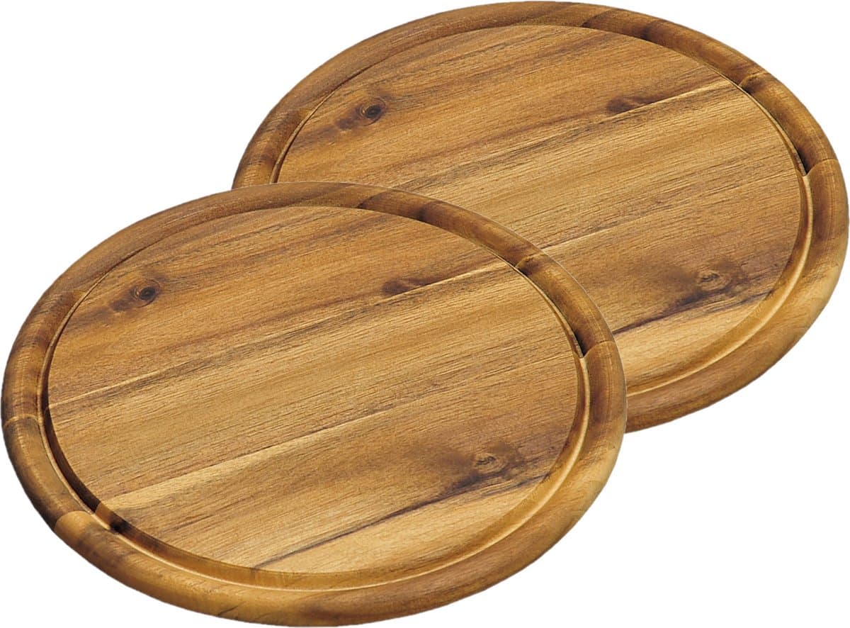 Kesper broodplank/serveerplank/snijplank - 4x stuks - rond - met sapgroef - Dia 25 cm - Acacia hout