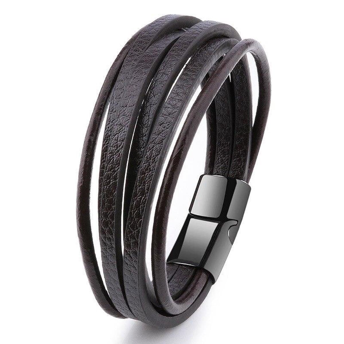 Armband Heren - Bruin Leer met Zwarte Sluiting - Leren Armbanden - Papa Cadeau Voor Mannen - Vaderdag