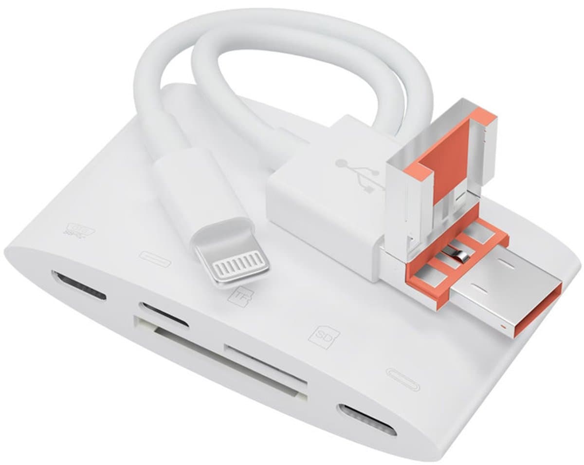 5 IN 1 - 8-Pin + USB-C + USB naar USB-C + 8-Pin + Micro-USB + SD + Micro SD (tf) kaartlezer adapter - geschikt voor iPhone en laptop - multifunctioneel - wit