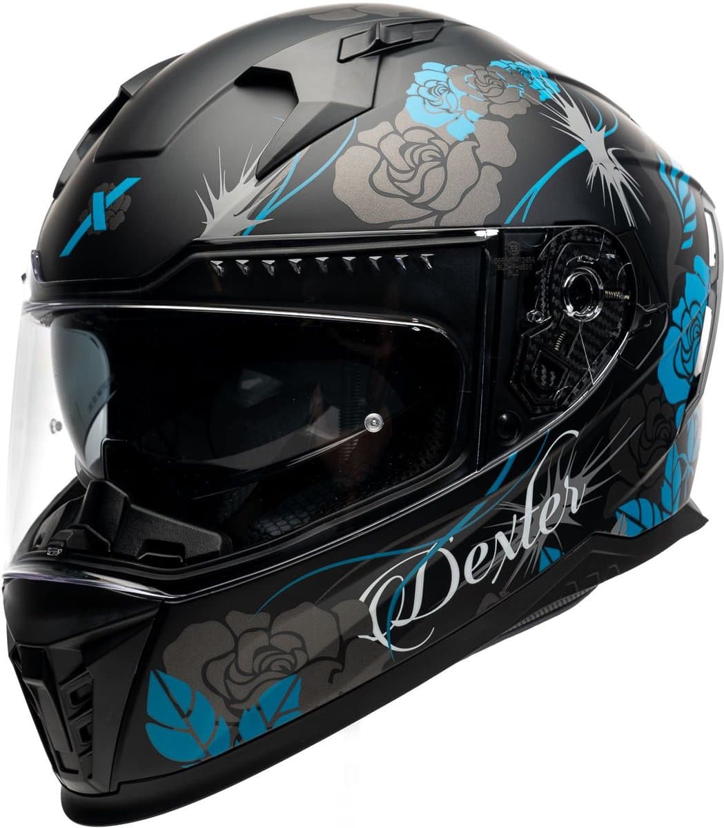 MOTOBLOUZ EROS FELINE Integraalhelm - ECE 22.06 gekeurde Helm Scooter, Motor & Brommer - Heren & Dames - Zwart/Turquoise mat - XS