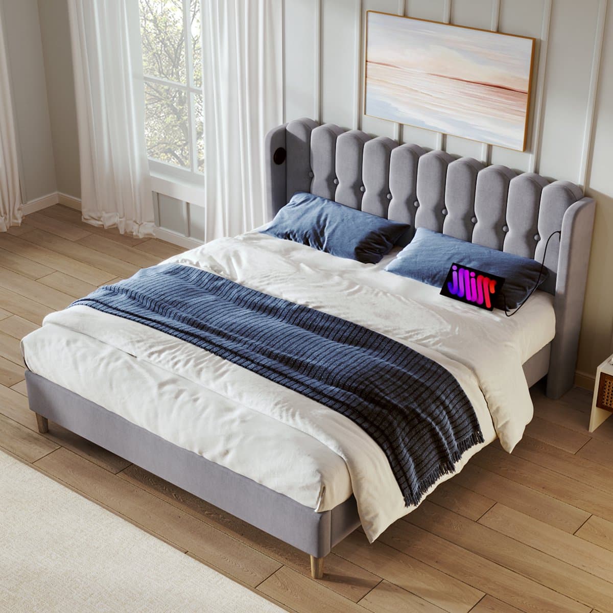 Sweiko Tweepersoonsbed 140 x 200 cm - USB/Type-C - Gestoffeerd bed - Linnen - Grijs