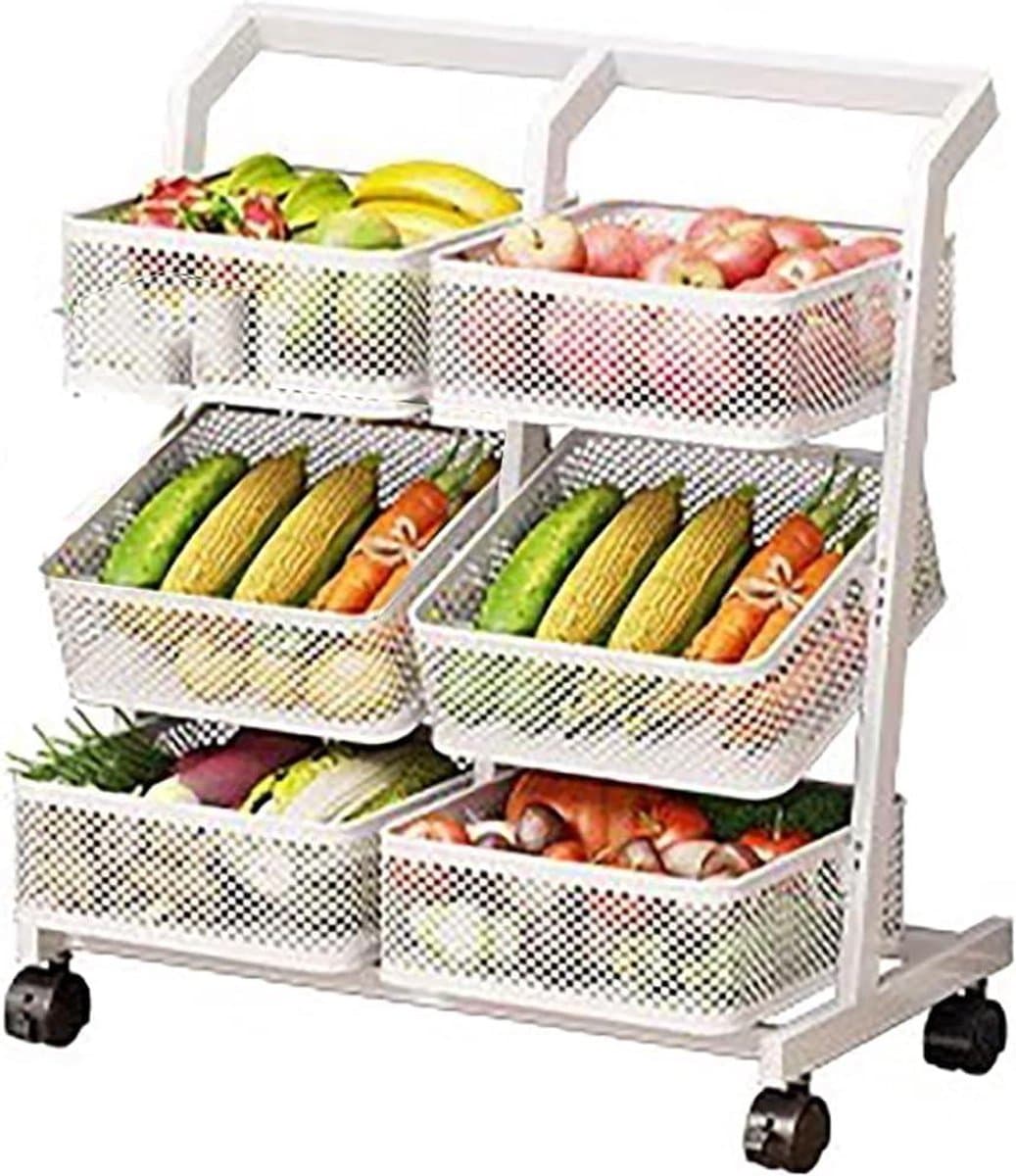 Opbergrek op wielen - Organiser manden - Keuken organiseren - Verwijderbare mesh manden - 3 etages - Wit