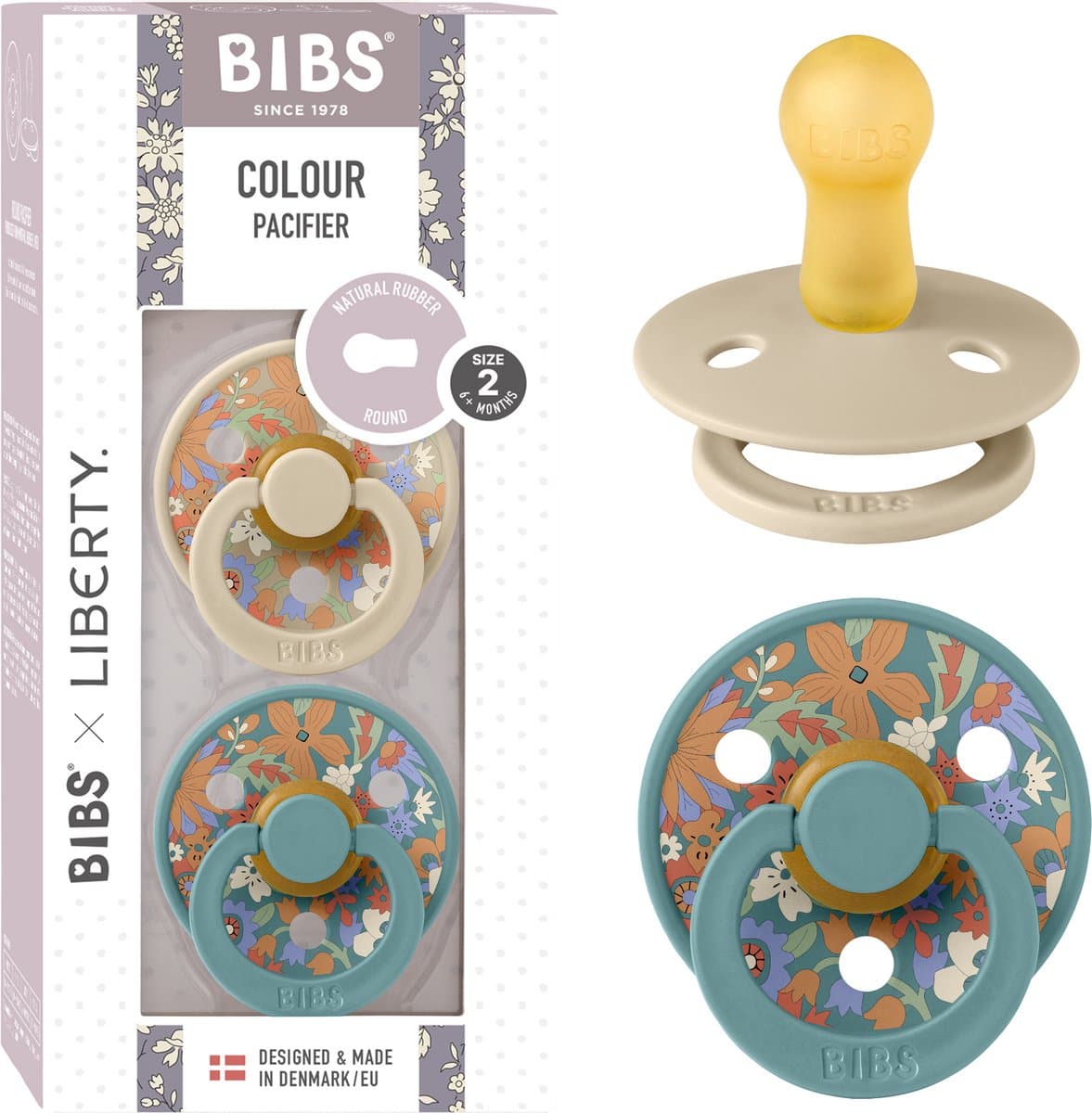 BIBS Colour Speen verpakking van 2 stuks. BPA-vrij, Ronde speen. Natuurlijk rubberlatex, Gemaakt in Denemarken, Maat 2 (6-18 maanden), June Blossom Vanilla Hush Mix