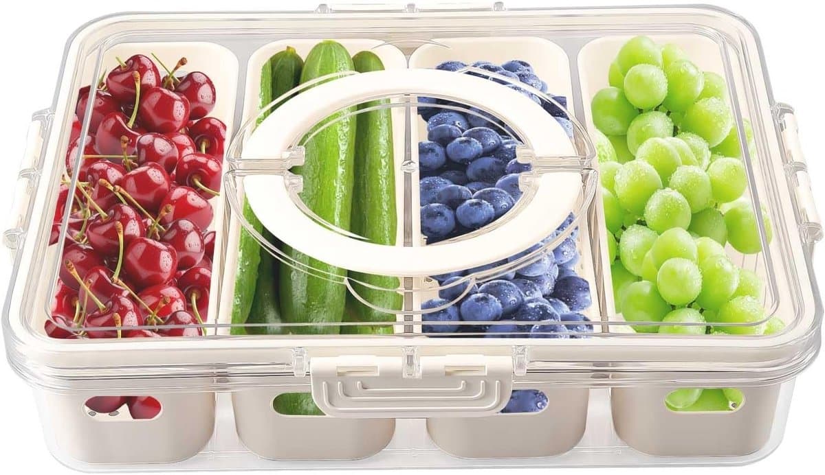Organiser voor de koelkast met deksel, 4 compartimenten, verwijderbaar, ideaal voor vlees, groenten en fruit, transparante BPA-vrije containers, 31 x 24 x 7 cm