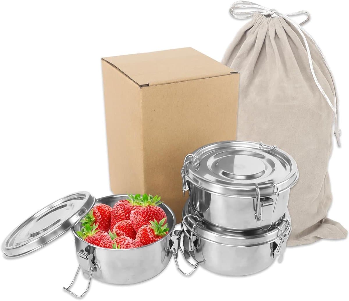 RVS Lunchbox Set van 3 Stuks voor Volwassenen, Lekvrije Voedselcontainers, Ideaal voor Maaltijd Prep en Snacks, Geschikt voor Fruit en Tussendoortjes