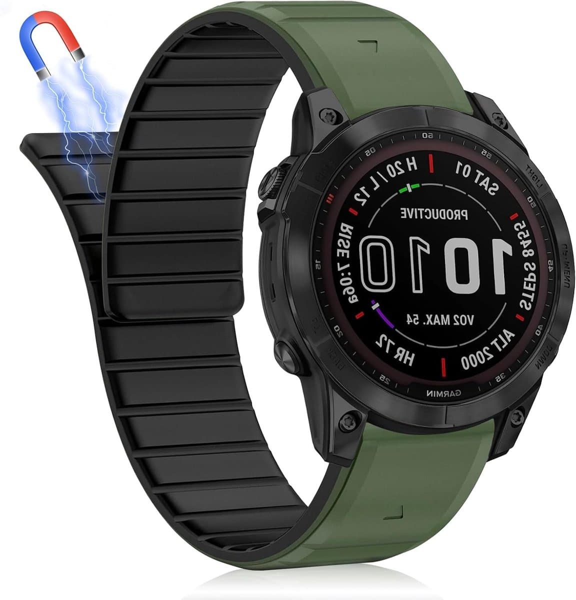 Verstelbare 22mm Magnetische Horlogeband voor Garmin Fenix 7/6/5 en Epix Gen 2, Zwart/Groen, Silicone, Comfortabele en Duurzame Horlogeband