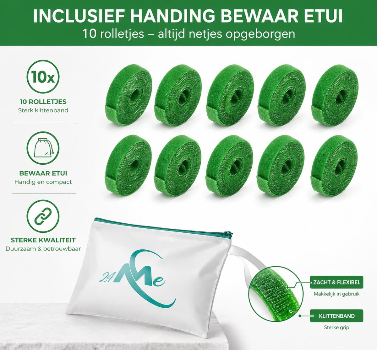 24ME® - 10M Plant Klittenband - Bindmaterialen - Incl. Bewaar Etui - Binnen- en Buiten Gebruik - Binddraad voor Planten