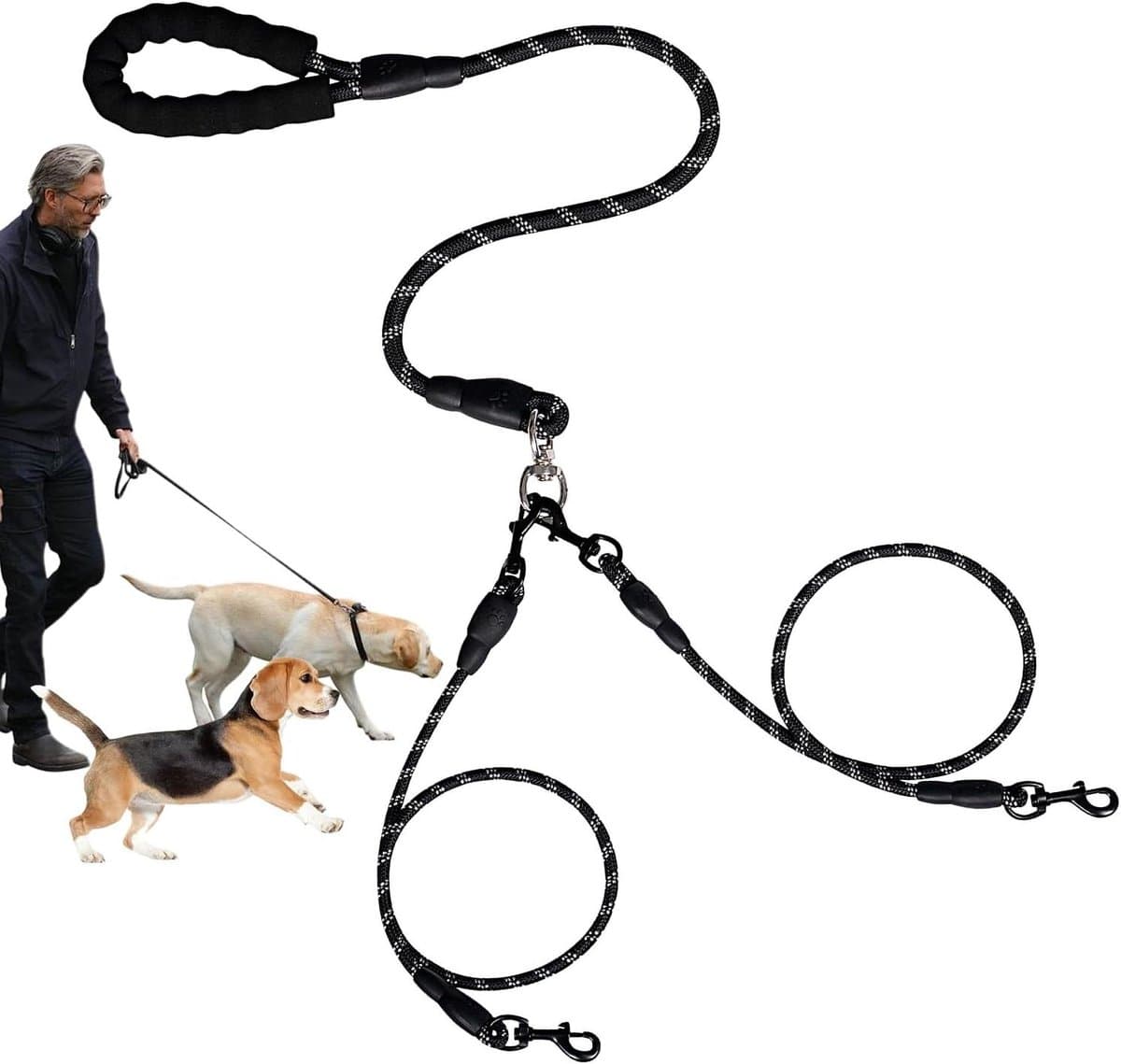 Dubbele Hondenharnas - Twee Honden Riem - Comfortabel Wandelen - Schokabsorberend Ontwerp - Maat L - Zwart