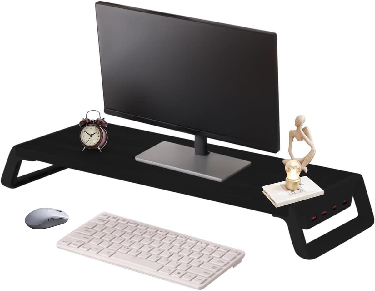 Monitor Verhoger - Bureau Organizer - Ergonomisch Werken - Met 4 USB Poorten - 50 cm Breed - Zwart