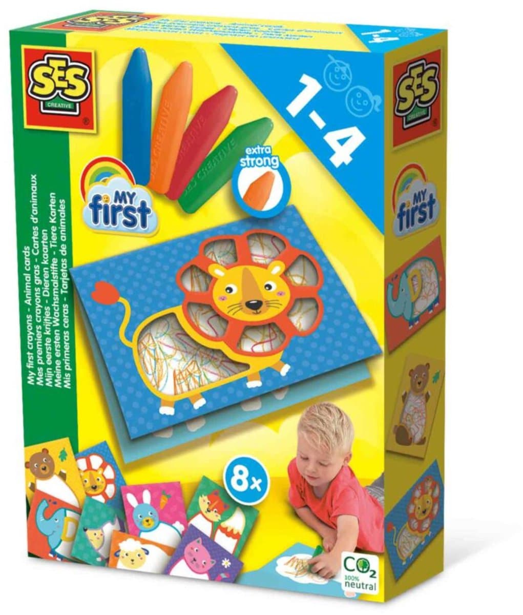 SES Creative - My First - Mijn Eerste Krijtjes - Dieren Kaarten - 8 Kaarten met 4 Heldere Kleuren Krijt - Goed Uitwasbaar – 1 tot 4 jaar