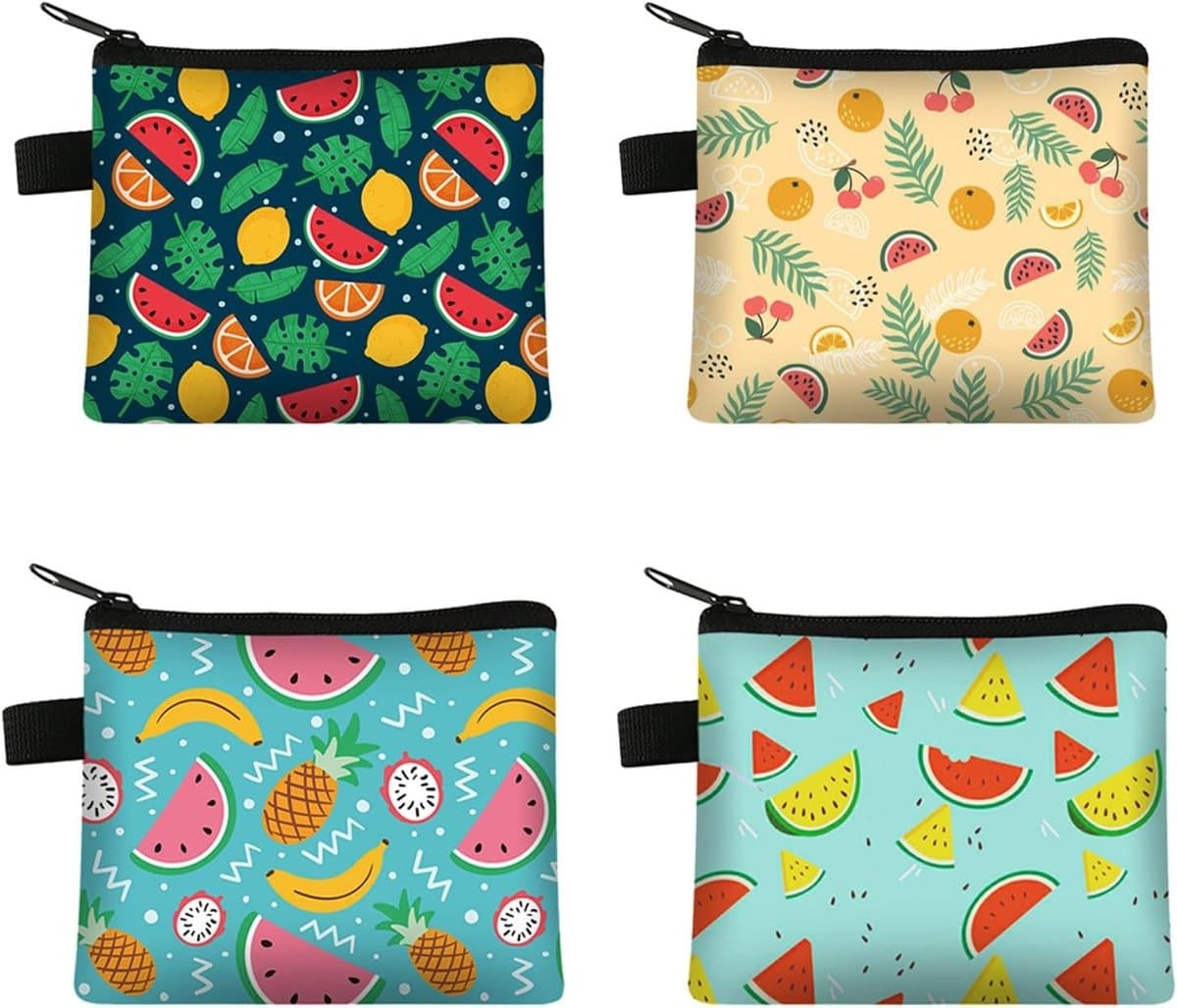 Mini Coin Pouches Set van 4, Handige Zippered Portemonnees voor Muntjes, Sleutels en Make-up, Kleurige Fruit Ontwerpen