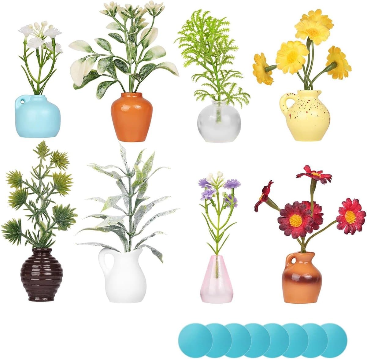 Set van 8 Mini Vazen met Magneten - DIY 3D Keramische Vazen voor Koelkast en Decoratie met Gedroogde Bloemen en Houten Accenten