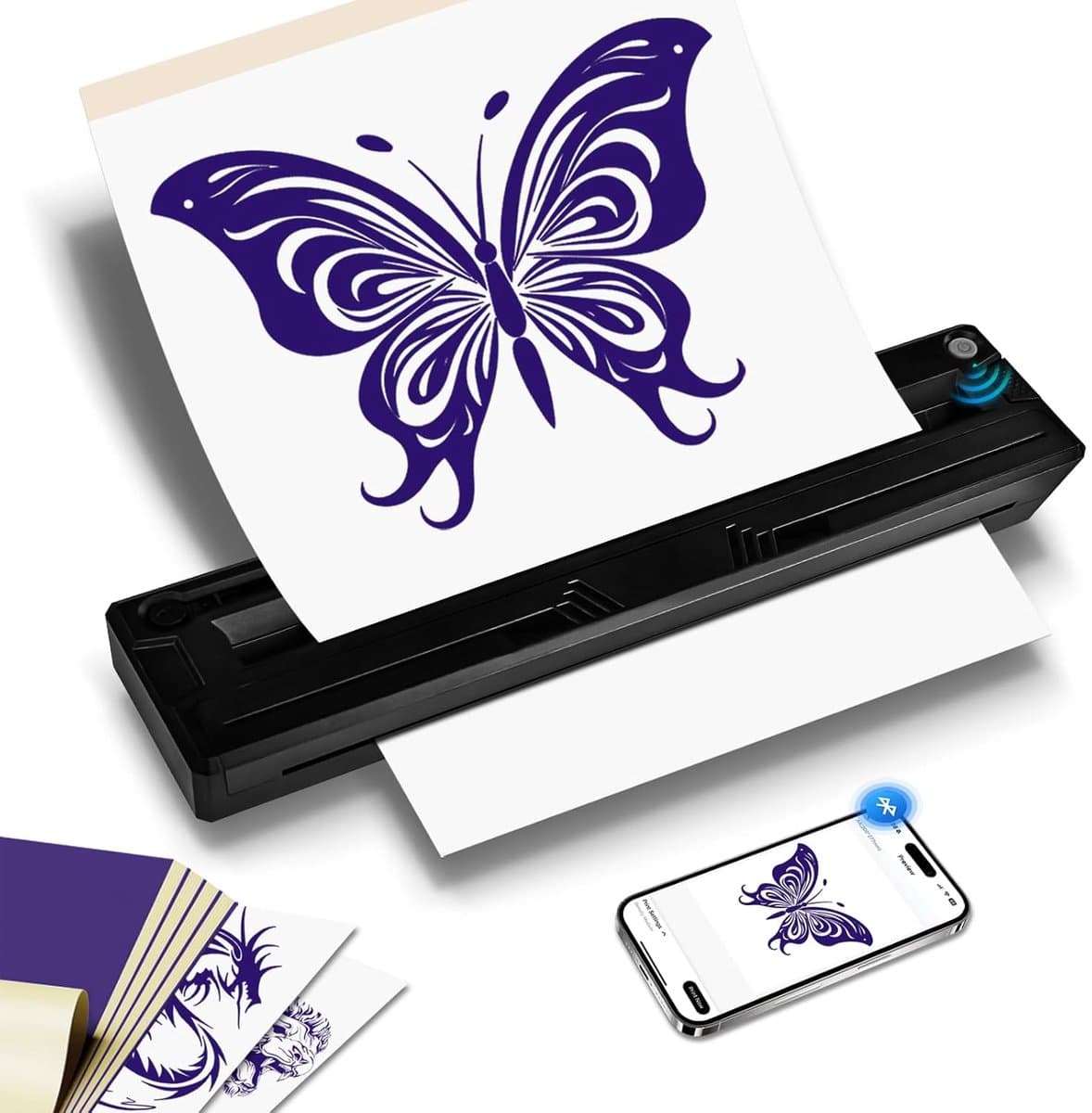 Bluetooth Tattoo Printer - Thermische Copier - Stencils Maken - Draadloos Ontwerp - 10 Stencils - Zwart