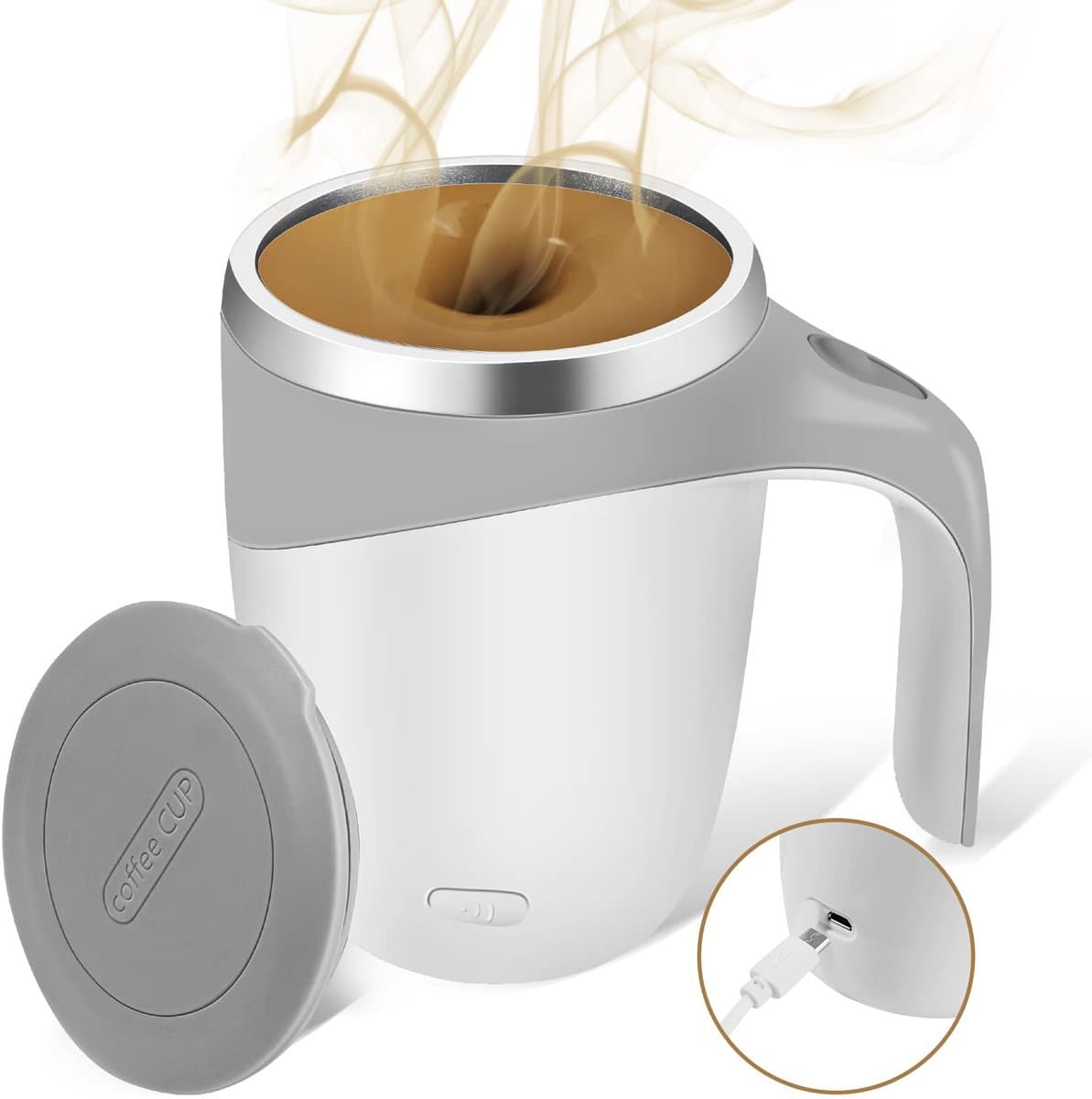 Zelfroerende mok 380 ml - 7000 tpm, USB, roestvrij staal, automatisch roeren, slimme koffiemok met handvat en deksel voor koffie, melk, cacao - voor kantoor, reizen.