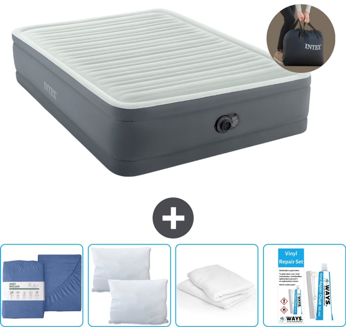 Intex Luchtbed - 2-Persoons - 152 x 203 x 46 cm - Grijs - Inclusief pomp - Hoeslaken - Kussen - Reparatieset en Kussenbeschermer
